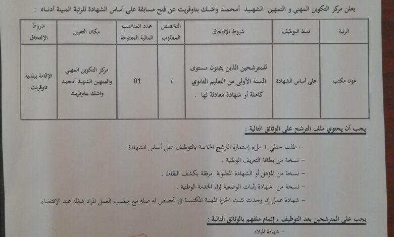 مسابقة توظيف بمركز التكوين المهني والتمهين بتاوقريت الشلف