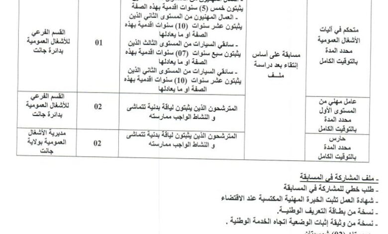 اعلان توظيف بمديرية الأشغال العمومية لولاية جانت
