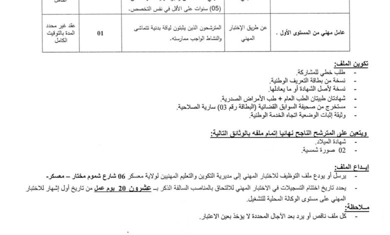 اعلان توظيف بمديرية التكوين والتعليم المهنيين لولاية معسكر