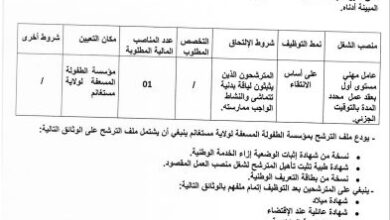 إعلان توظيف بمديرية النشاط الإجتماعي و التضامن لولاية مستغانم