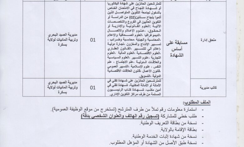 اعلان توظيف بمديرية الصيد البحري وتربية المائيات بسكرة