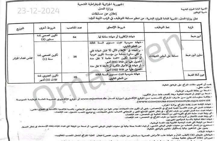 فتح مسابقة توظيف بوزارة العدل أمناء الضبط.معاون امين الضبط.عون أمانة الضبط