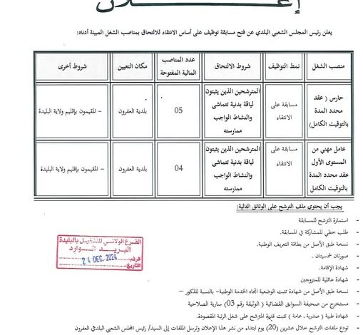 اعلان توظيف ببلدية العفرون ولاية البليدة