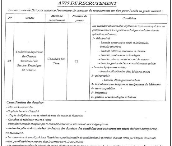 اعلان توظيف ببلدية بئر توتة ولاية الجزائر