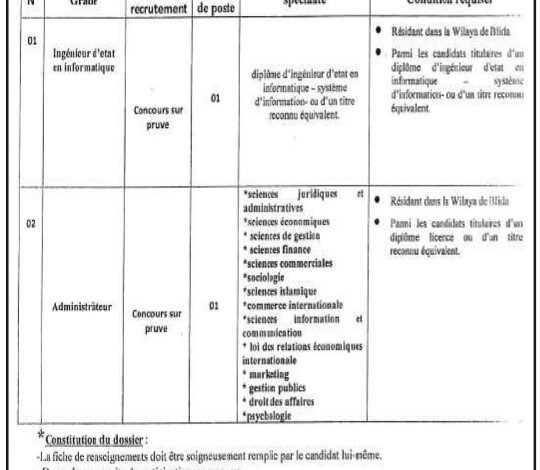 مسابقة توظيف بمديرية الادارة المحلية لولاية البليدة