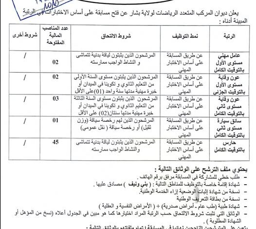 مسابقة توظيف بديوان المؤسسات الشباب ولاية بشار 113 منصب