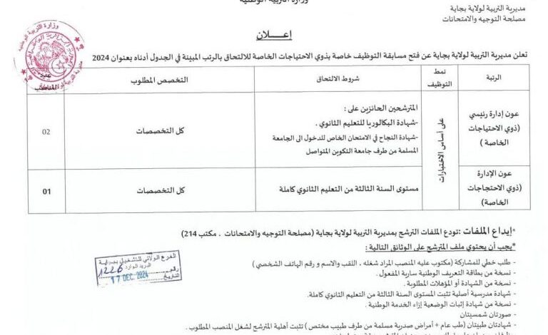 مسابقات توظيف بمديرية التربية لولاية بجاية بذوي الاحتياجات الخاصة