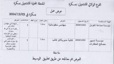 عرض عمل بمؤسسة تسيير مصالح المطارات بسكرة