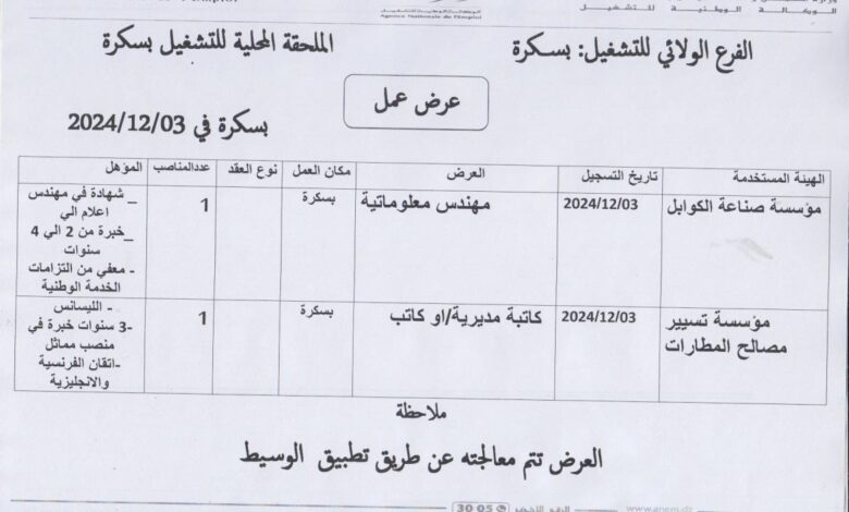 عرض عمل بمؤسسة تسيير مصالح المطارات بسكرة
