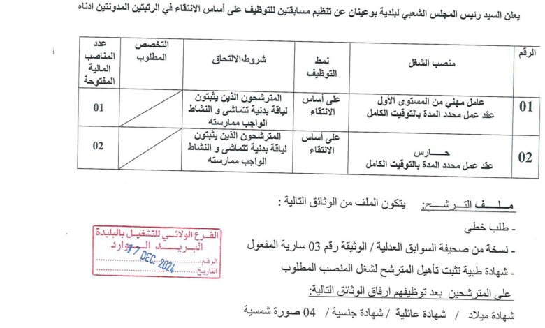 اعلان توظيف ببلدية بوعينان ولاية البليدة
