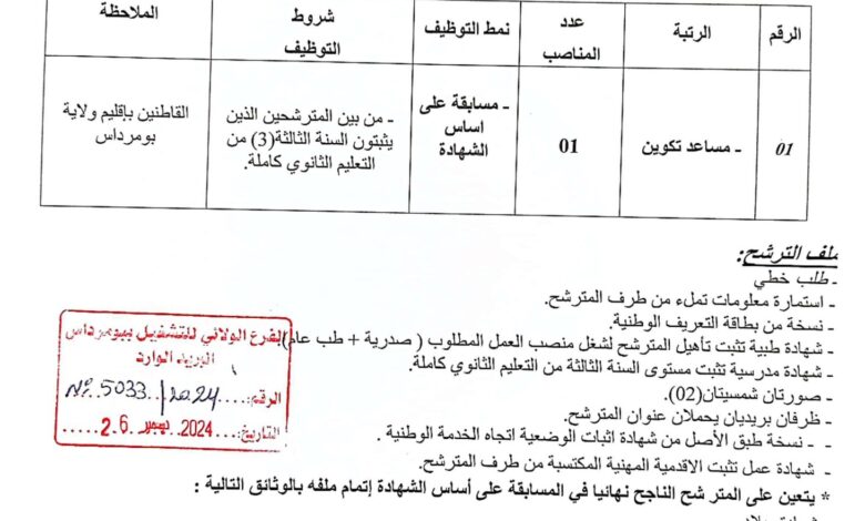 اعلان توظيف بالمركز التكوين المهني والتمهين المتخصص للأشخاص ذوي الاحتياجات الخاصة قورصو بومرداس