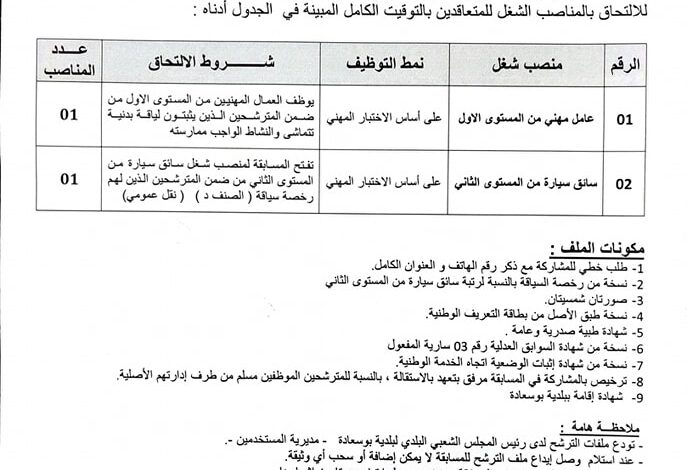 اعلان توظيف ببلدية بوسعادة ولاية المسيلة