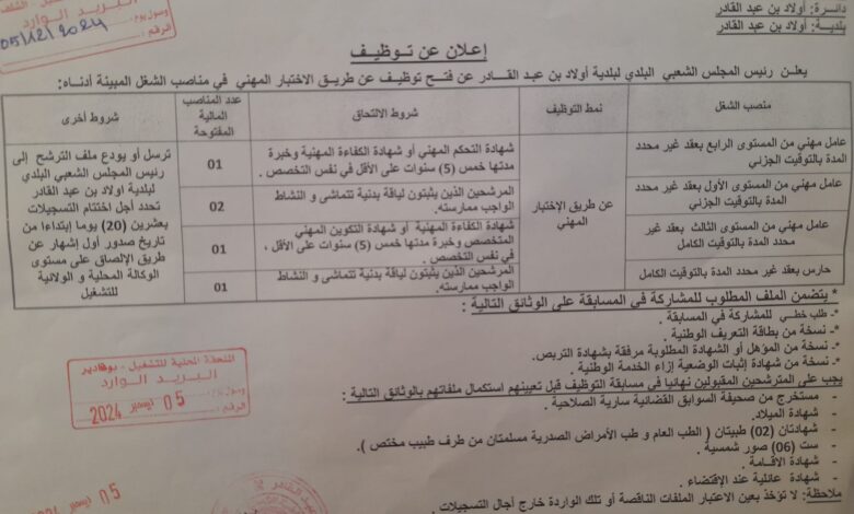 اعلان توظيف ببلدية أولاد بن عبد القادر ولاية الشلف