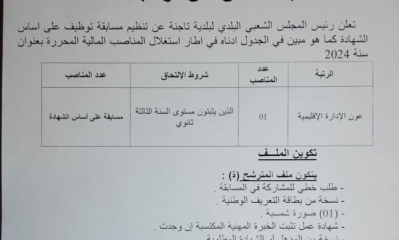 اعلان توظيف ببلدية تاجنة ولاية الشلف