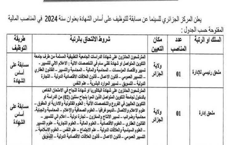 مسابقة توظيف بالمركز الجزائري للسينما