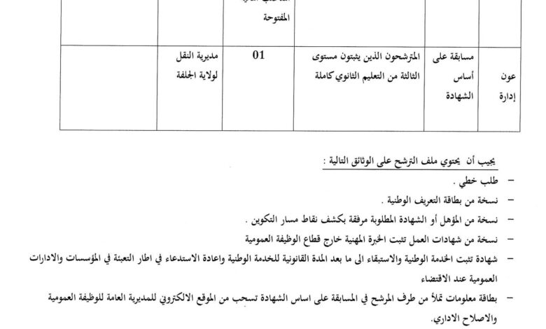 مسابقة توظيف بمديرية النقل لولاية الجلفة