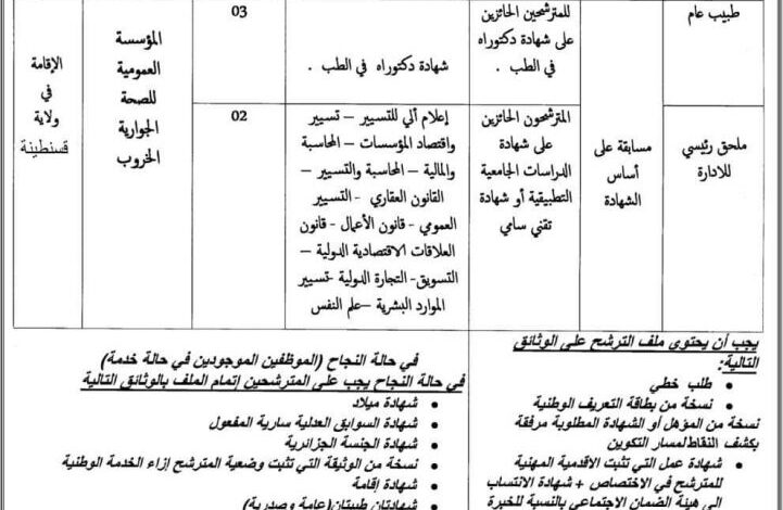 مسابقة توظيف بالمؤسسة العمومية للصحة الجوارية بالخروب قسنطينة