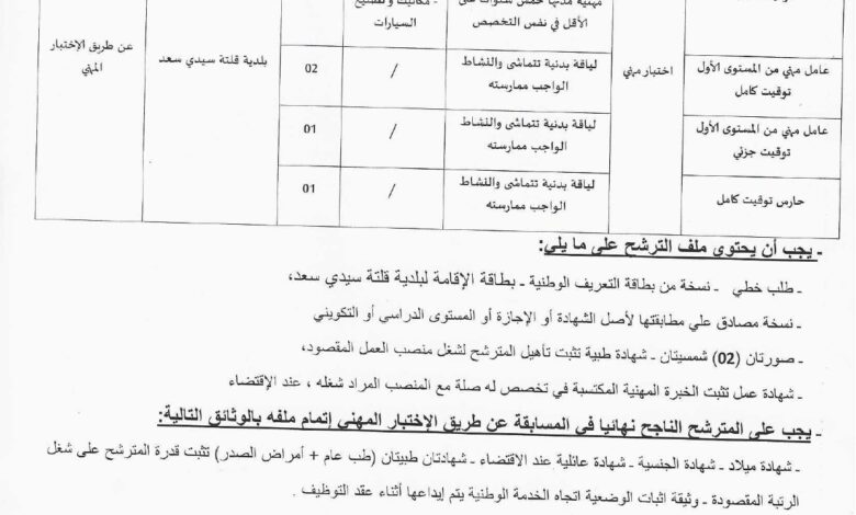 إعلان توظيف ببلدية قلتة سيدي سعد ولاية الأغواط