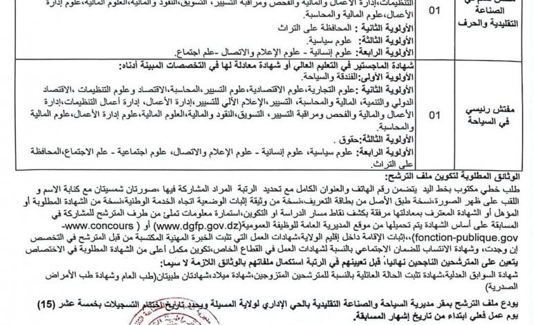 مسابقة توظيف بمديرية السياحة والصناعة التقليدية لولاية المسيلة