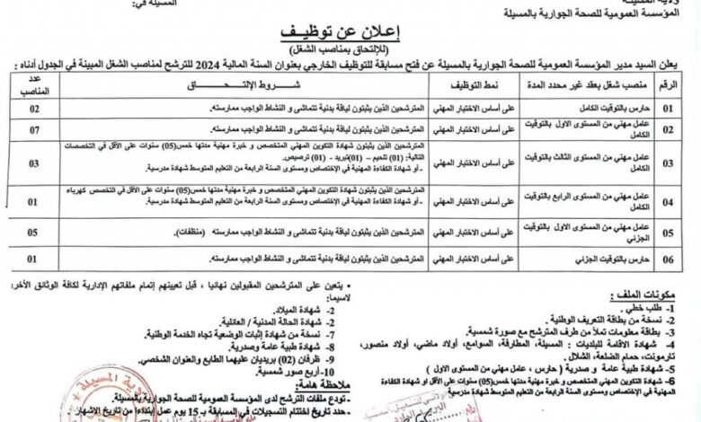 مسابقة توظيف بالمؤسسة العمومية للصحة الجوارية بالمسيلة 20 منصب