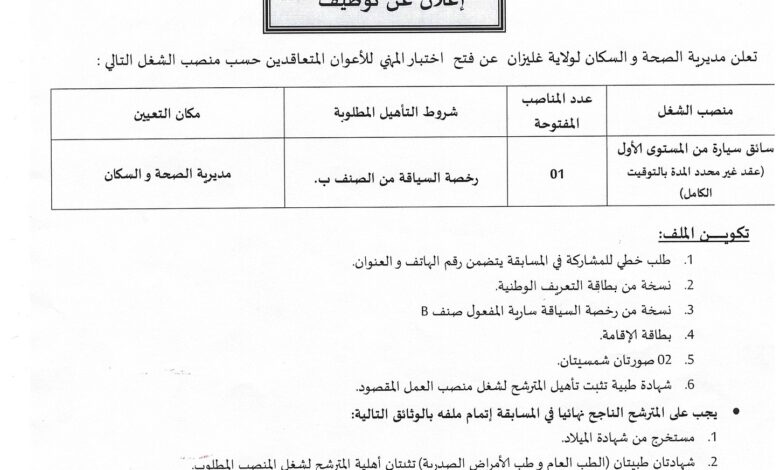 فتح توظيف بمديرية الصحة والسكان لولاية غليزان