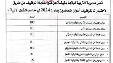 اعلان مسابقة توظيف بمديرية التربية لولاية سكيكدة 146 منصب