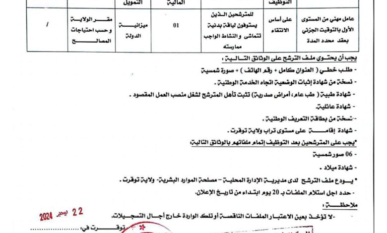 اعلان توظيف بمديرية الإدارة المحلية لولاية توقرت