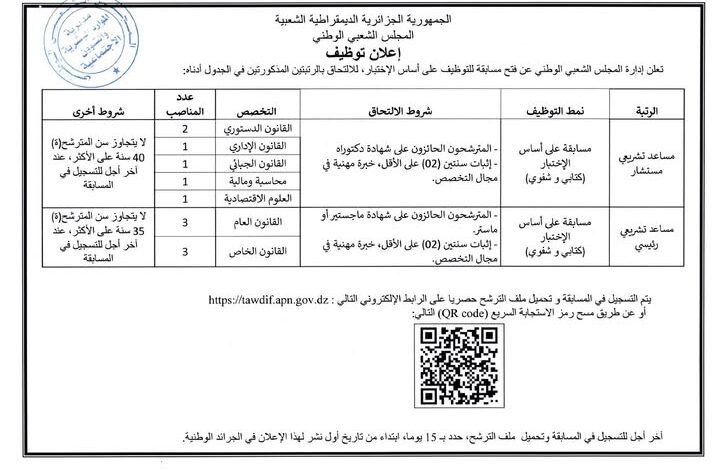 مسابقات توظيف بالمجلس الشعبي الوطني