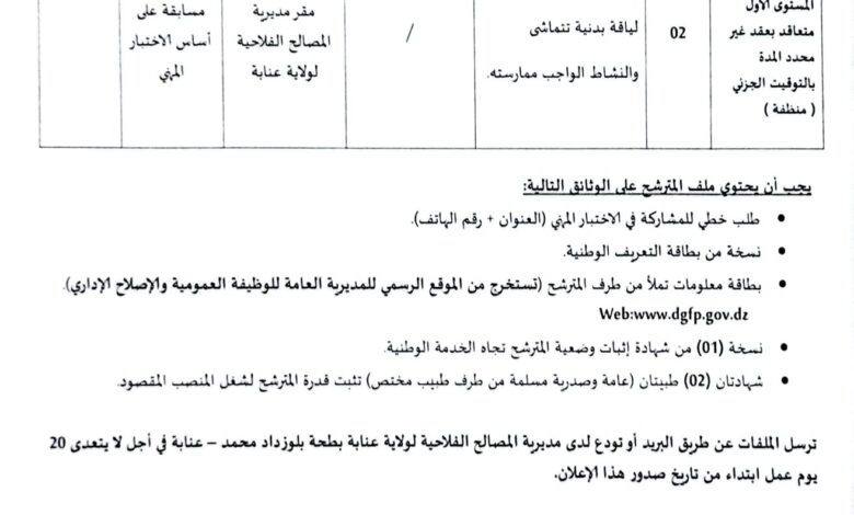 اعلان توظيف بمديرية المصالح الفلاحية لولاية عنابة
