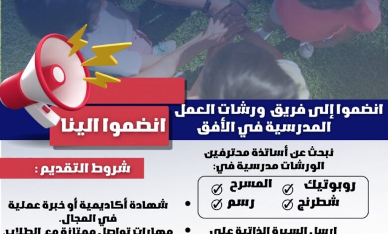 المجمع المدرسي الأفق الجديد يحتاج الى أساتذة ورش مدرسية