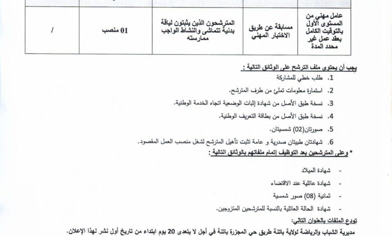 اعلان توظيف بمديرية الشباب والرياضة لولاية باتنة