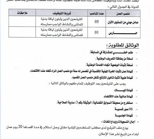 اعلانات توظيف ببلدية بريكة ولاية باتنة