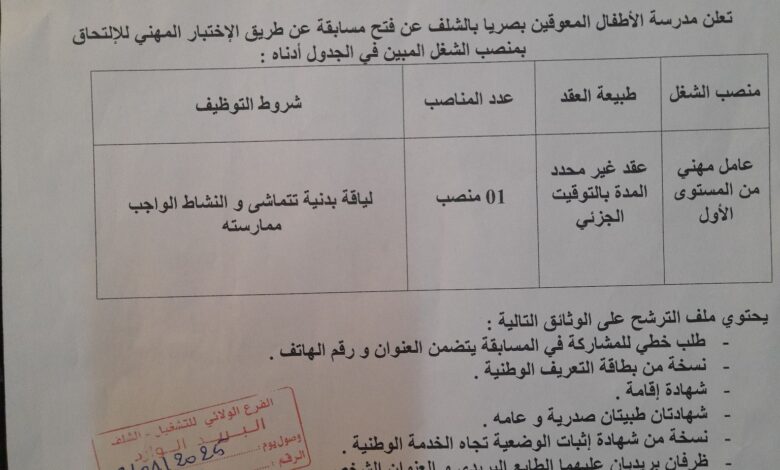 اعلان توظيف بمدرسة الأطفال المعوقين بصريا بالشلف