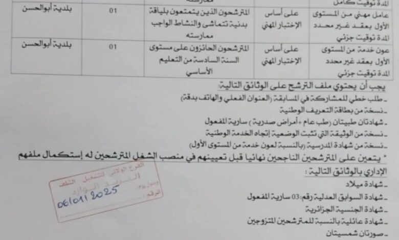 اعلان توظيف ببلدية أبو الحسن ولاية الشلف