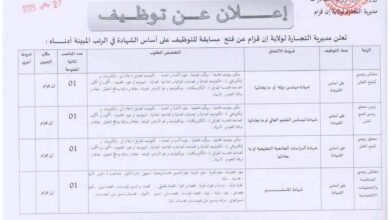 فتح مسابقة توظيف بمديرية التجارة لولاية عين قزام