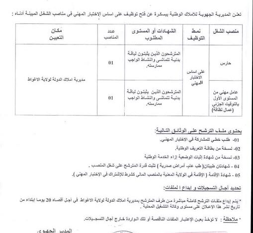 اعلان توظيف بمديرية أملاك الدولة لولاية الأغواط