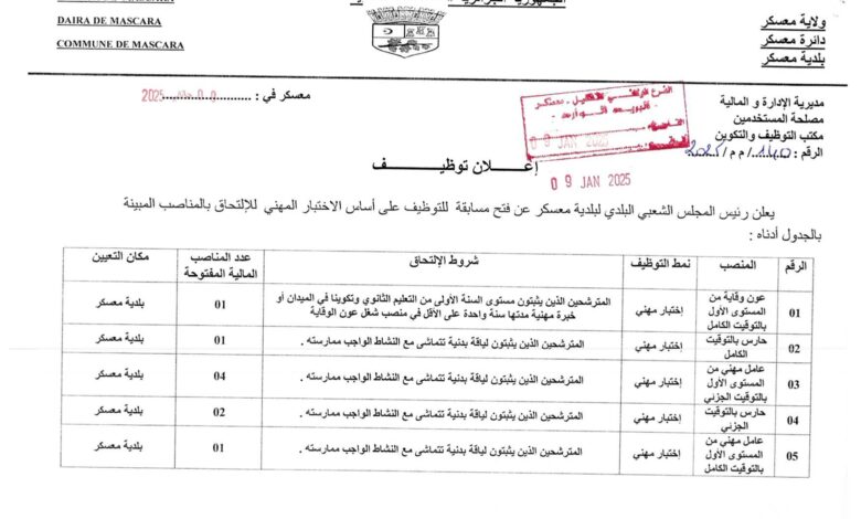 اعلانات توظيف ببلدية معسكر