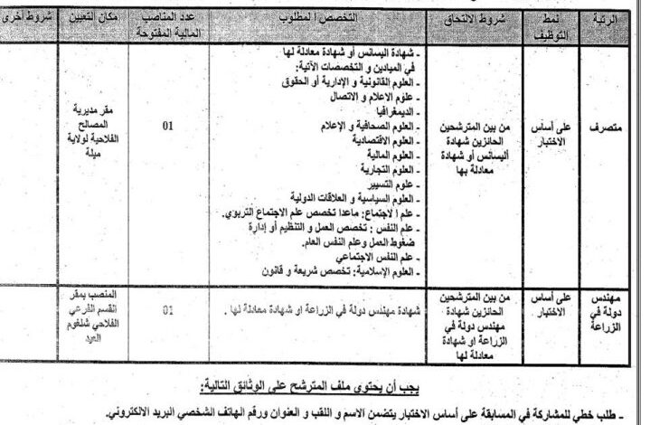 مسابقة توظيف بمديرية المصالح الفلاحية لولاية ميلة
