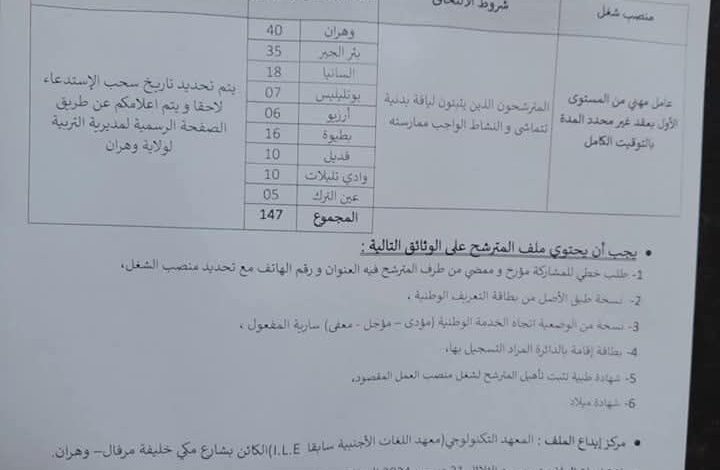مسابقة توظيف بمديرية التربية لولاية وهران 147 منصب