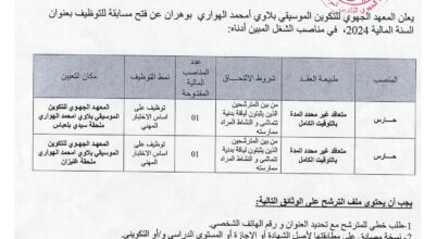 إعلان توظيف بالمعهد الجهوي للتكوين الموسيقي بلاوي أمحمد الهواري (وهران)