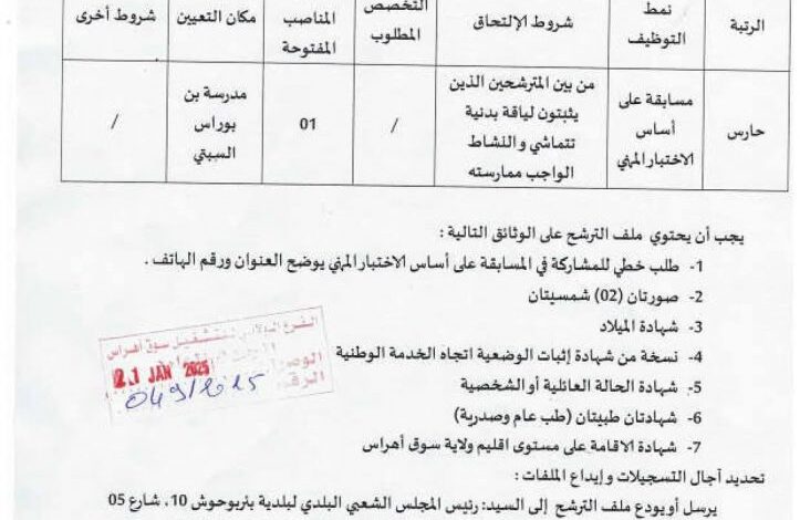 اعلان توظيف ببلدية بئر بوحوش بولاية سوق أهراس