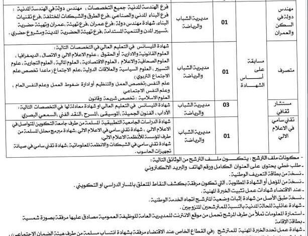 مسابقة توظيف على أساس الشهادة في مديرية الشباب والرياضة لولاية تيارت