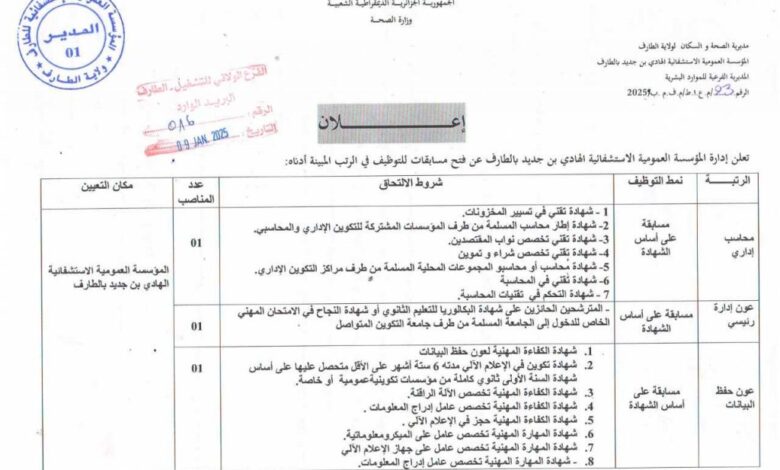مسابقة توظيف بالمؤسسة العمومية الاستشفائية الهادي بن جديد بالطارف