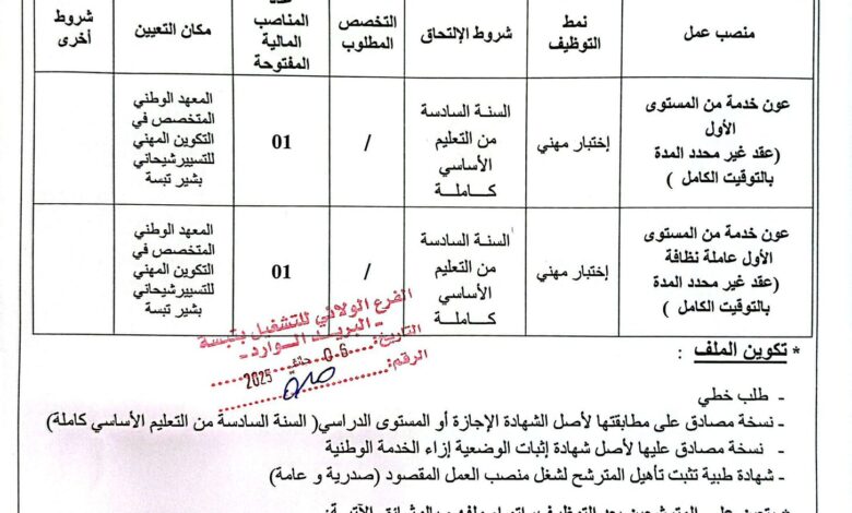 اعلانات توظيف بالمعهد الوطني المتخصص في التكوين المهني للتسيير شيحاني بشير تبسة