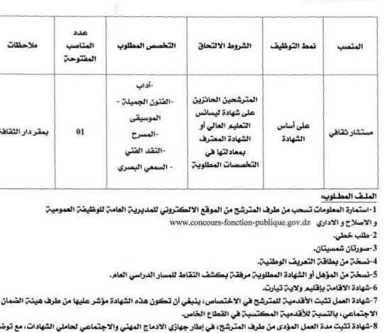 مسابقة توظيف بدار الثقافة لولاية تيارت