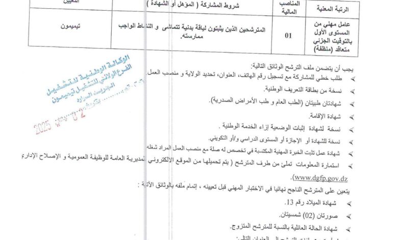 اعلان توظيف بالمركز الجزائري لمراقبة النوعية والرزم تيميمون