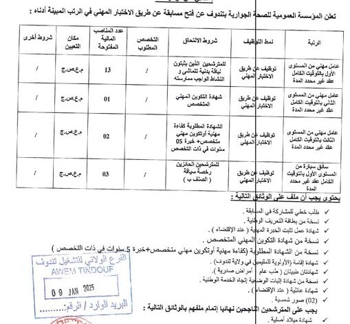 مسابقة توظيف بالمؤسسة العمومية للصحة الجوارية بتندوف