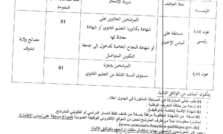 مسابقة توظيف بمديرية الإدارة المحلية لولاية تندوف