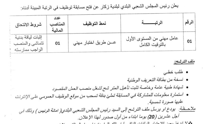 اعلان توظيف ببلدية زكار ولاية الجلفة