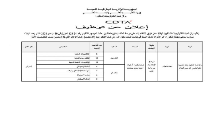 مسابقة توظيف عن طريق التعاقد بمركز تنمية التكنولوجيات المتطورة CDTA